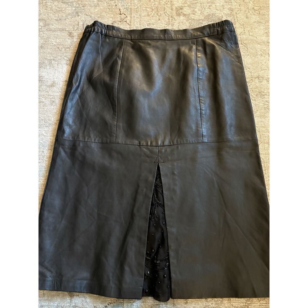 Vintage Black Leather Kick Pleat Midi Skirt Beaded Detail Size L/XL